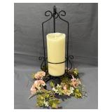 Metal Candle Holder w/Candle & Artificial Flowers