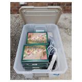 Tote with lid and Christmas ornaments, power cords