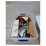 Tote with lid, cake pan, apple peelers, decor,