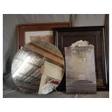Framed prints, mirror, hanging decor