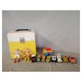 Wrestling figurines, toy cars, storage box