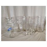 6- Glass vases, 1- Glass canister