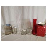 5- Glass vases, 1- Ceramic Mason Jar Vase