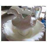 White Ceramic Pitcher and Basin Marked 'Ainers'