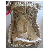 White Wicker Doll Cradle With Bedding and Fabric D