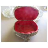 Ornate Metal Jewelry Box with Red Lining and Glass