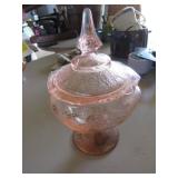 Pink Depression Glass Pedestal Candy Dish with Lid
