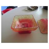 Two Pressed Glass Candy Dishes with Lids in Amberi