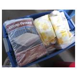 Large Bin of Assorted Linens, Bed Wrap, and Fabric