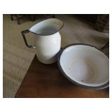 White Enamelware Pitcher, Basin, and Ladle Set wit