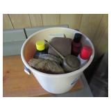 Plastic Bucket with Cleaning Supplies, Oil Can, an