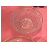 Clear Pressed Glass Bowls and Plates with Gold Acc