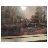 Framed Landscape Print Depicting a Pond and Rural