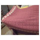 Handmade Pink Crochet Blanket with White Accents,