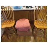 Two Wooden Bar Stools with Red Cushions and Matchi