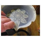 Stoneware Bowl with Lace Pattern and Iron Handle,