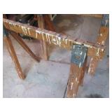 Two Wooden Sawhorses and a Wooden Stool with Paint