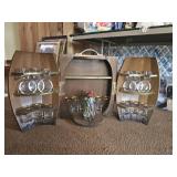 Mid Century Wooden Barrel Bar Set w Glasses,