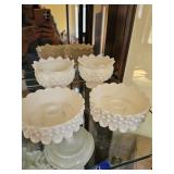 2 Sets of Milk Glass Hobnail Candlestick Holders