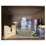 Shelf Lot of Kitchen Items Pitchers, Bagel Holder