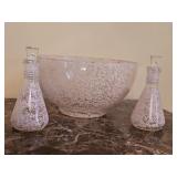 Spaghetti Spatterware Pink Glass Bowl & Cruets