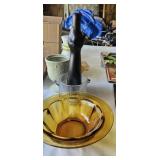 Amber Glass Bowl, Black Glass Cat Bottle, Crystal