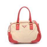 2WAY Handbag Canvas Leather Beige Red