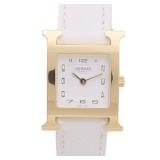 Hermes H Watch Quartz SS GP Leather White