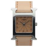 Hermes H Watch Quartz SS Leather Beige