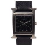 Hermes H Watch Quartz SS Leather Black