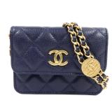 Chanel CC GHW Card Holder Chain Navy