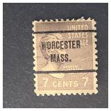 US Stamp 1938 Jackson 7c Precancel Worcester Mass