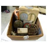 Box Lot Vintage Items Shell Oil Flea Collar cow