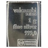 1 GRAM VALCAMBI SUISSE .999 FINE SILVER BARS