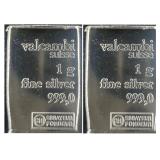 (2) X 1 GRAM VALCAMBI SUISSE .999 FINE SILVER BARS