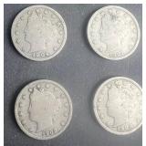 Lot, (4) 1900-1912 Liberty V Nickel Good G+