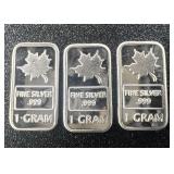 (3) x1 GRAM 0.999+ PURE SILVER MAPLE LEAF BARS
