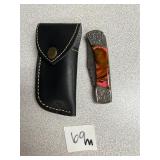 Damascus Pocket Knife w/ Leather Sheath