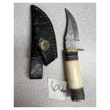 Damascus Dagger w/Bone Handle and Leather Sheath