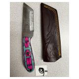 Damascus Fixed Blade Hunting Knife w/Leather Shea