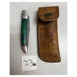 Damascus Pocket Knife w/Leather Sheath