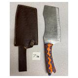 Damascus Cleaver Knife w/Leather Sheath