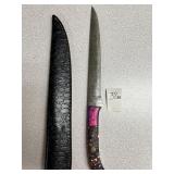 Damascus Hunting Skinning Knife 13.5 in w/ Leathe