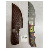 Damascus Hunting Knife w/ Leather Sheath