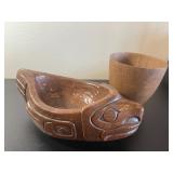 Native American Hand carved bowl and wooden cup