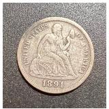 1891 Silver Seated Liberty Dime