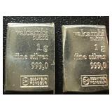 (2) X 1 GRAM VALCAMBI SUISSE .999 FINE SILVER BARS