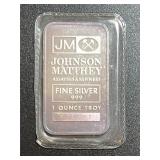 Johnson Matthey 1 ounce 0.999 Fine Silver Bar w/se