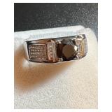 14K Diamond Black Round Stone Mens Ring w/cert