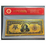 24k Gold Banknote $5- Certificate of Authenticity